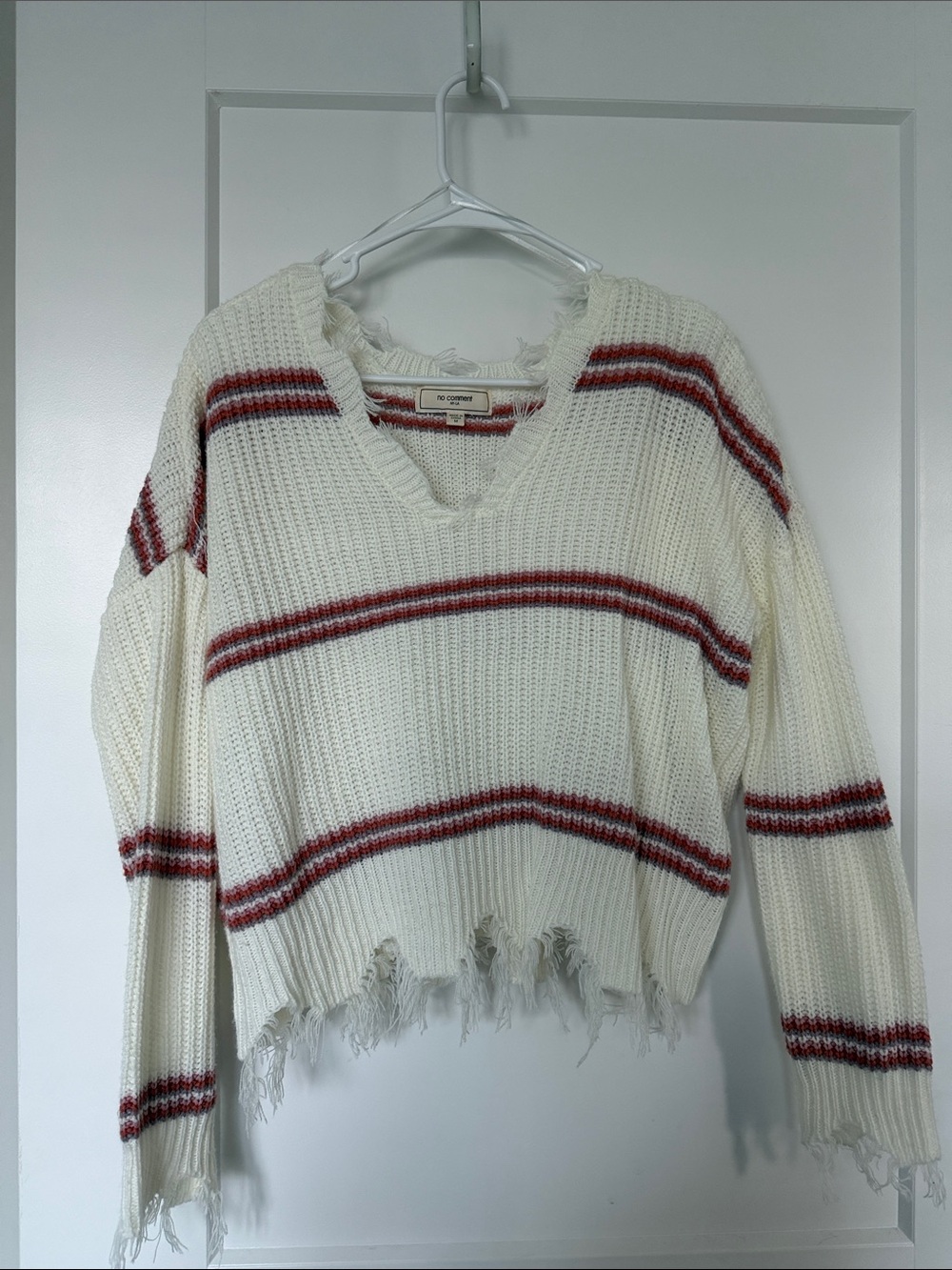 Cream V-Neck Distressed Stripe Sweater